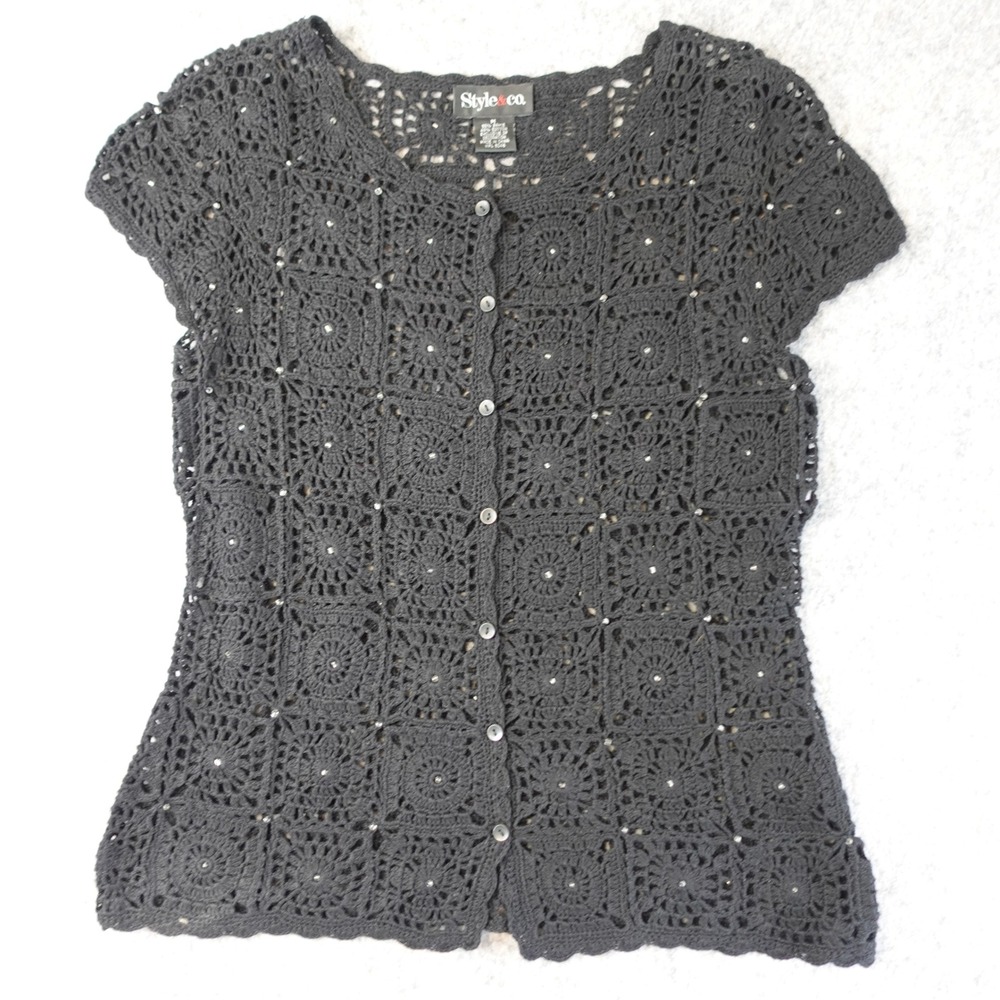 Vintage 90s Crochet Cardigan Womens Medium Black Beaded Granny Square Top Ramie - Picture 1 of 6